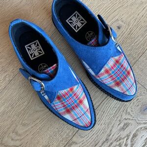 T.U.K. Blue Red Suede & Plaid Pointed Monk Buckle Creeper Shoes mens 4 women’s 6